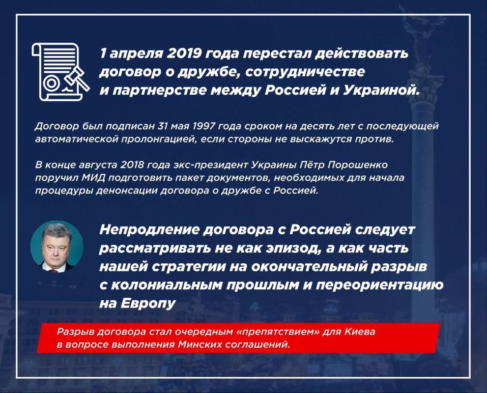 Руслан Дудников: 1 апреля 2019 года по инициативе украинской стороны прекратил действовать Договор о дружбе, сотрудничестве и партнерстве между Россией и Украиной