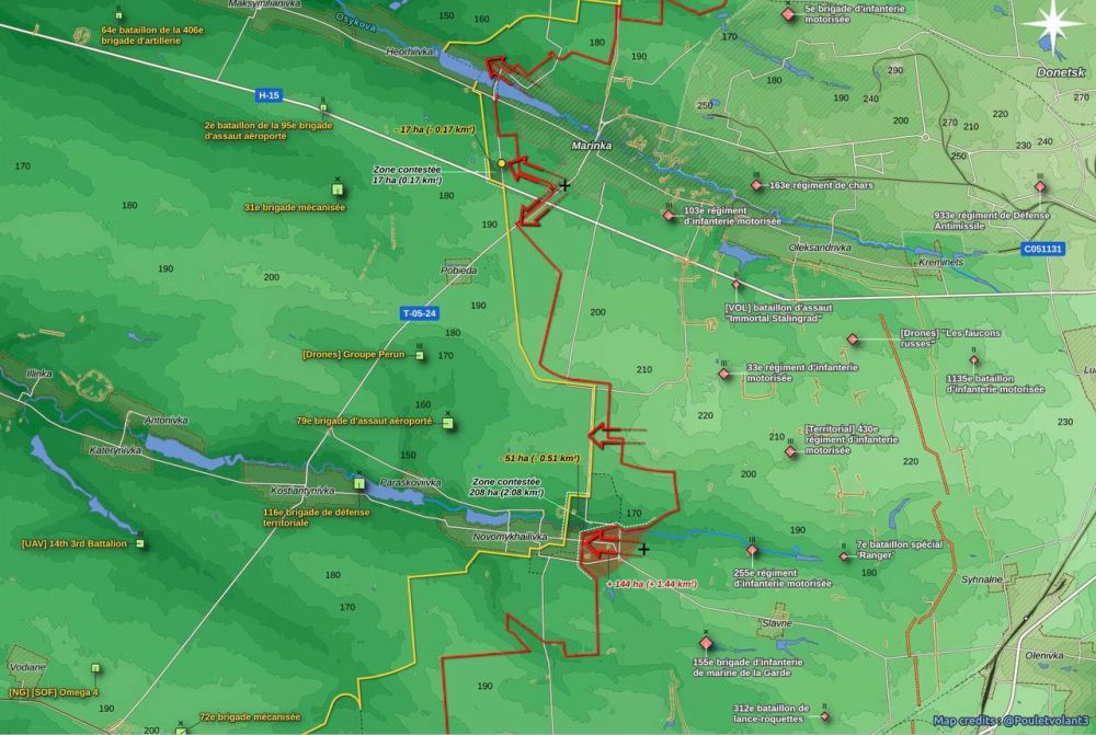Оперативно-тактическая конфигурация линии боевого соприкосновения на участке Марьинка - Нивомихайловка по состоянию на 14.02.2024 (по данным OSINT-проекта Pouletvolant)