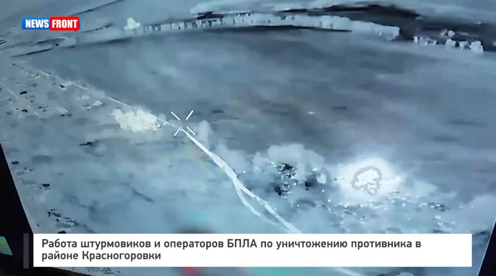 Работа штурмовиков и операторов БПЛА по уничтожению противника в районе Красногоровки