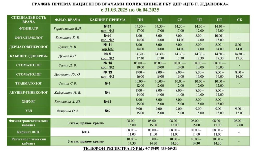 Уважаемые пациенты!. Актуальный график приема специалистами ГБУ ДНР «ЦГБ г. Ждановка» с 31.03.2025 по 06.04.2025