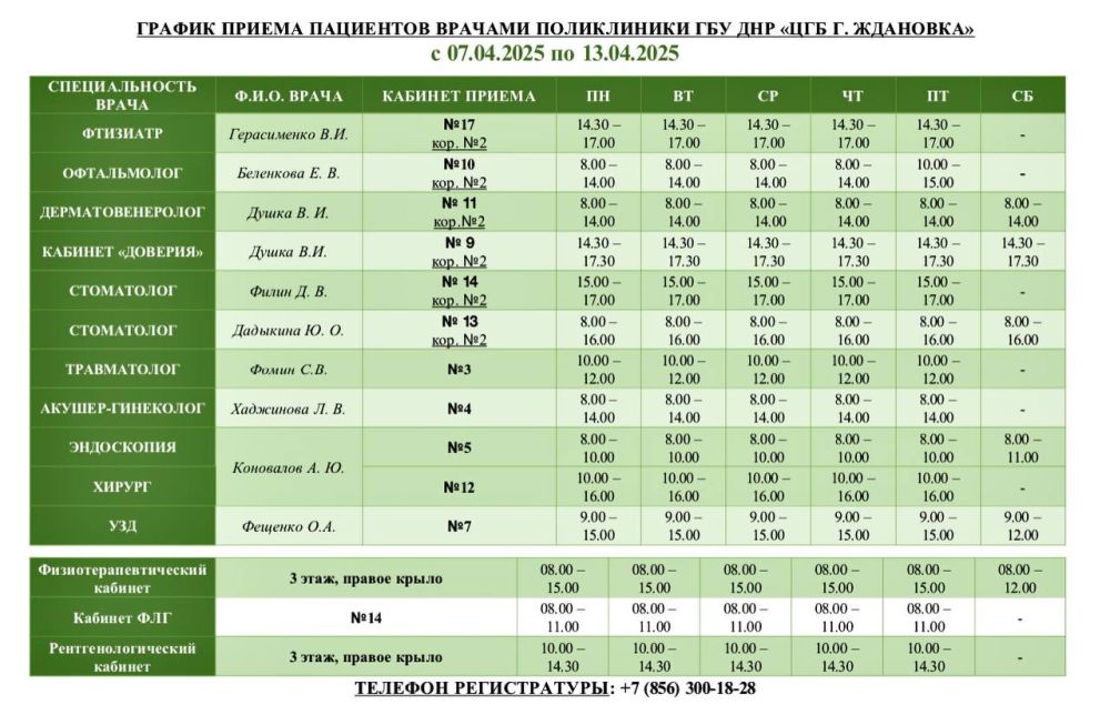Уважаемые пациенты!. Актуальный график приема специалистами ГБУ ДНР «ЦГБ г. Ждановка» с 07.04.2025 по 13.04.2025