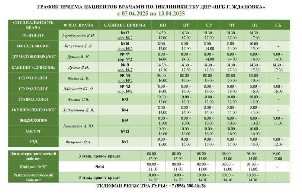 Уважаемые пациенты!. Актуальный график приема специалистами ГБУ ДНР «ЦГБ г. Ждановка» с 07.04.2025 по 13.04.2025 (с изменениями)