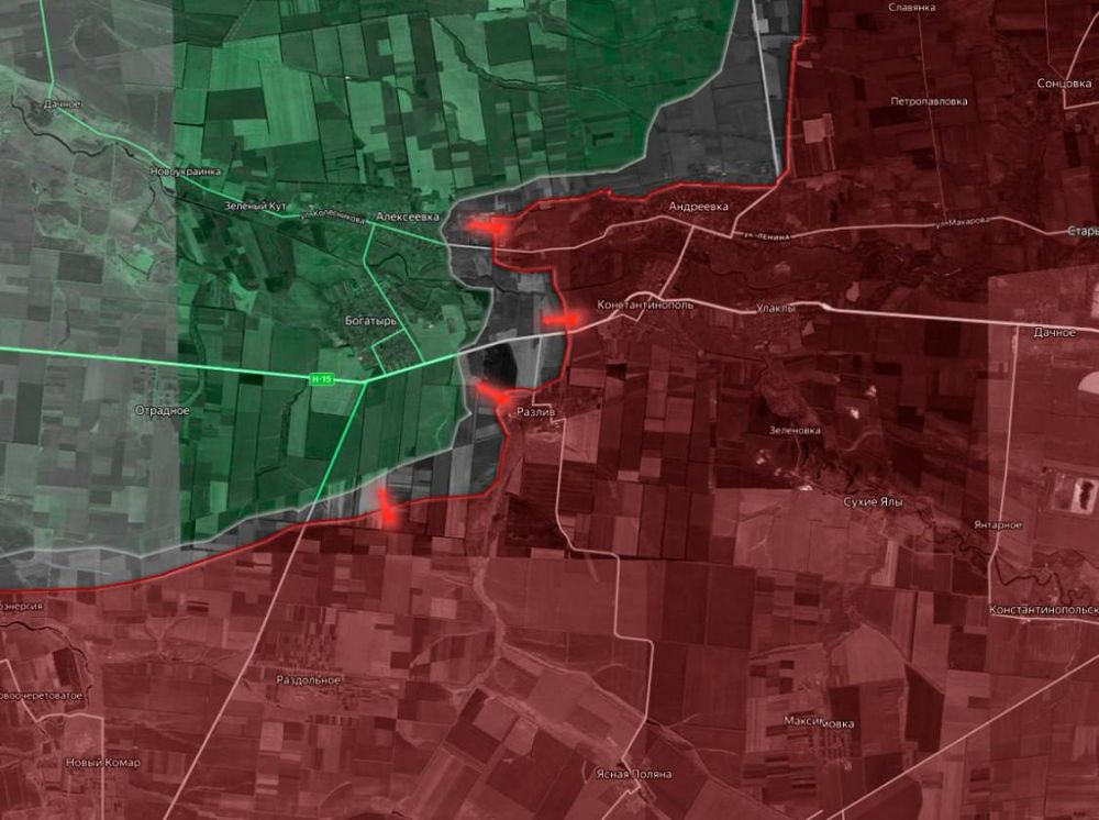 «На Кураховском направлении ВС РФ продвинулись с юга в сторону Отрадного и Богатыря, взяв под контроль господствующие высоты южнее этих населённых пунктов