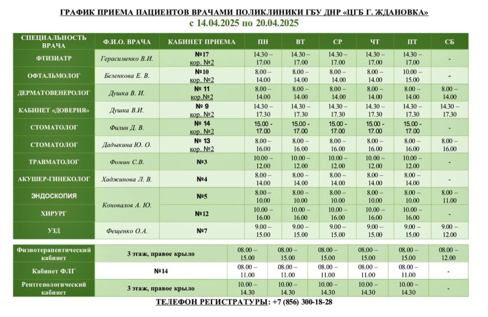 Уважаемые пациенты!. Актуальный график приема специалистами ГБУ ДНР «ЦГБ г. Ждановка» с 14.04.2025 по 20.04.2025