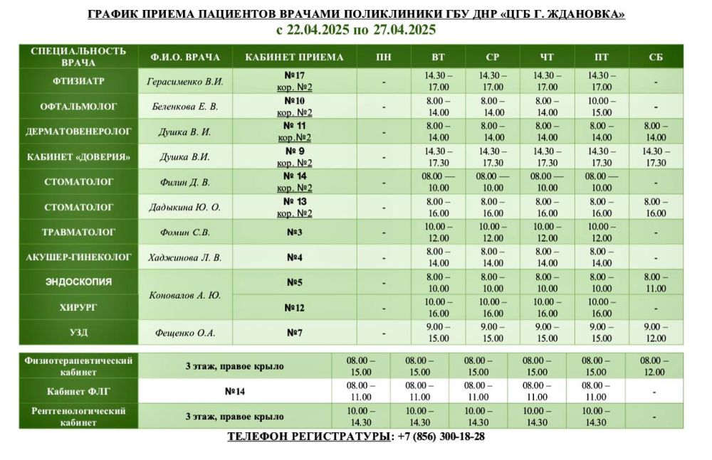 Уважаемые пациенты!. Актуальный график приема специалистами ГБУ ДНР «ЦГБ г. Ждановка» с 22.04.2025 по 27.04.2025