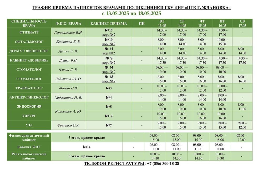 Уважаемые пациенты!. Актуальный график приема специалистами ГБУ ДНР «ЦГБ г. Ждановка» с 13.05.2025 по 18.05.2025