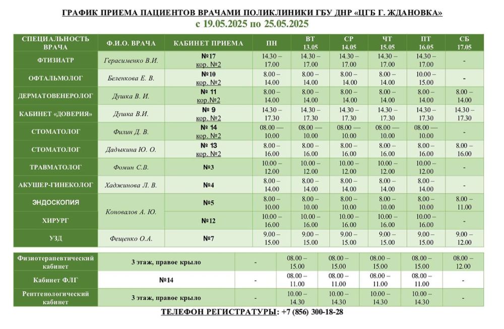 Уважаемые пациенты!. Актуальный график приема специалистами ГБУ ДНР «ЦГБ г. Ждановка» с 19.05.2025 по 25.05.2025