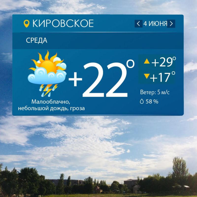 Завтра в Кировском ожидается малооблачная погода, возможен небольшой дождь, гроза