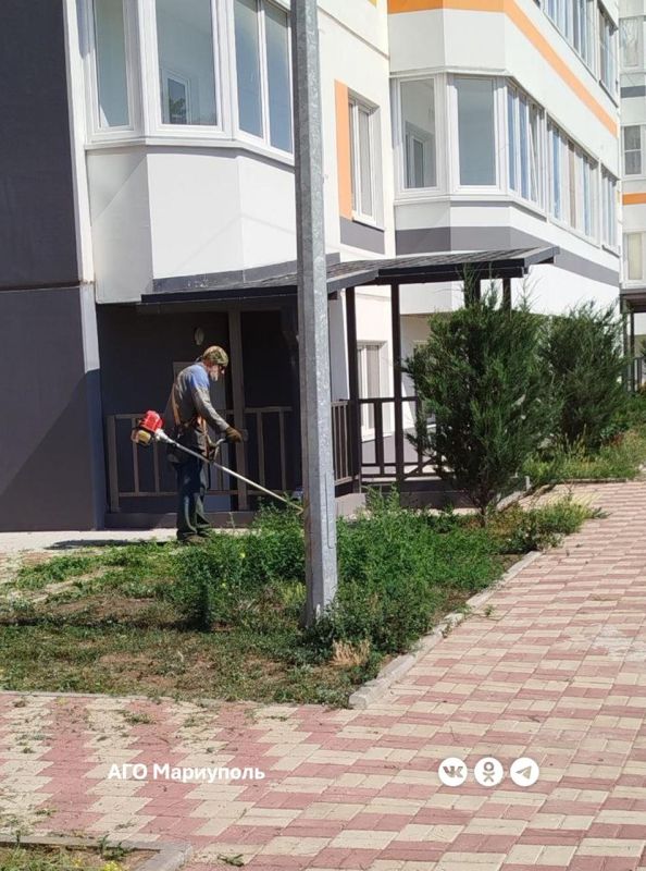 «Мариупольжилкомплекс» ведет покос травы в зеленых зонах новостроек