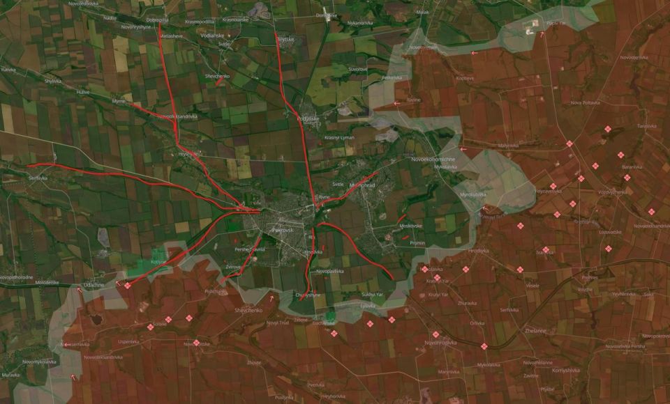 На карте отмечены основные маршруты снабжения ВСУ в Покровске — все они находятся под огневым контролем РФ