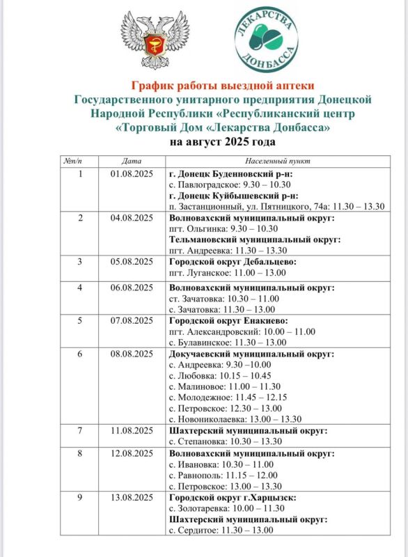 На август утвержден график выезда автоаптеки в населенные пункты городских округов Донецк, Макеевка, Мариуполь, Дебальцево, Енакиево, Харцызск, а также в Амвросиевский, Волновахский, Докучаевский, Новоазовский...