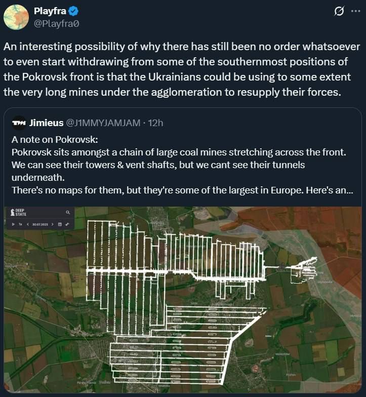 Интересная версия, почему до сих пор не было никакого приказа даже начать отвод с некоторых самых южных позиций Покровского фронта, заключается в том, что ВСУ могут в частично использовать очень длинные шахты под...