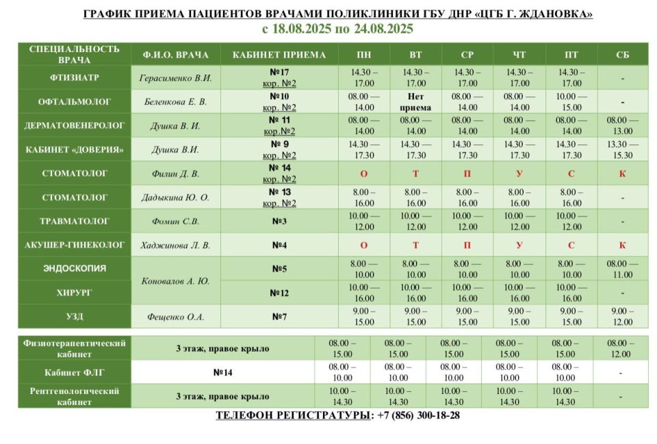 Уважаемые пациенты!. Актуальный график приема специалистами ГБУ ДНР «ЦГБ г. Ждановка» с 18.08.2025 по 24.08.1025