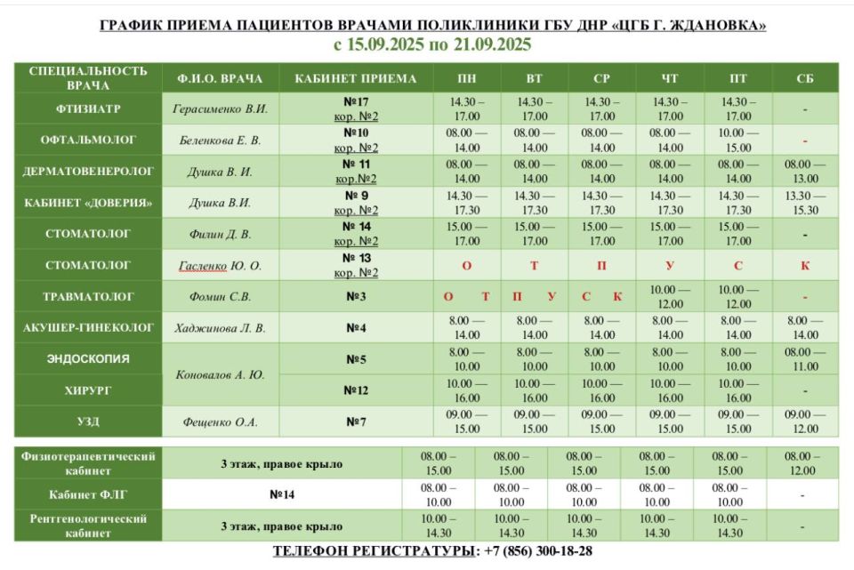 Уважаемые пациенты!. Актуальный график приема специалистами ГБУ ДНР «ЦГБ г. Ждановка» с 15.09.2025 по 21.09.2025