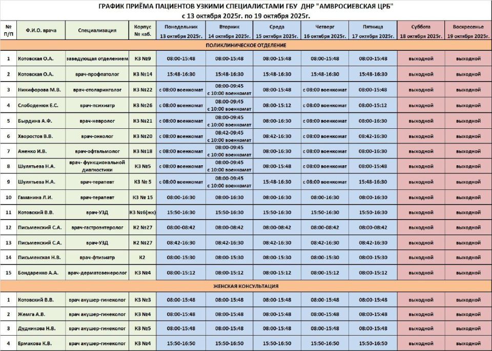 Игорь Лызов: График приема врачей поликлинического отделения ГБУ ДНР "Амвросиевская ЦРБ"