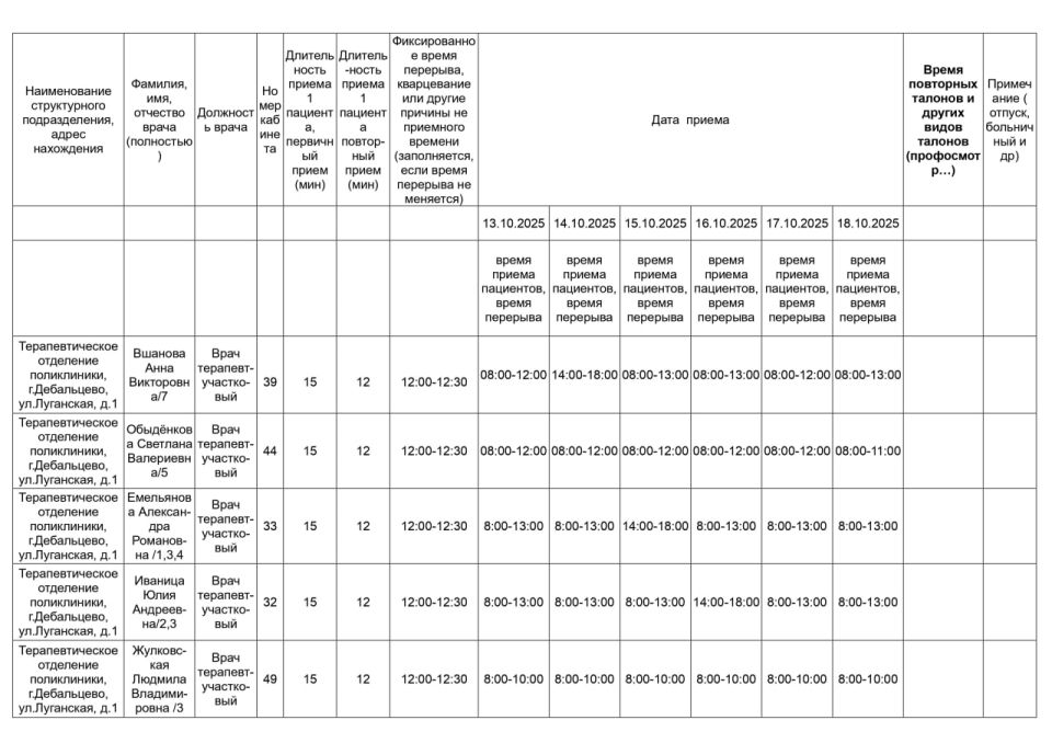 Внимание. График приёма врачами