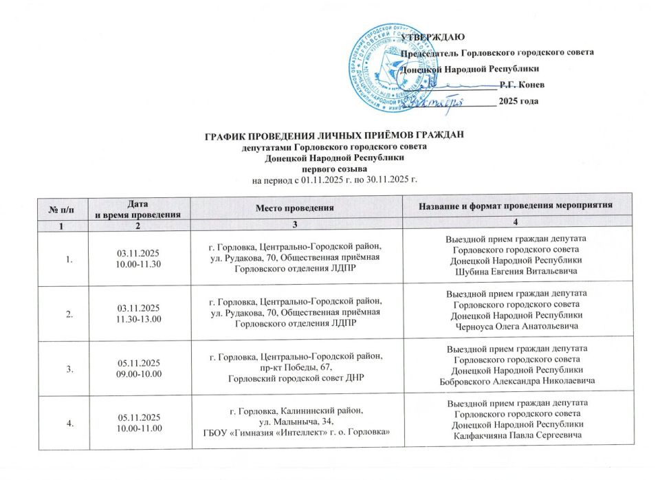 Роман Конев: График проведения приёмов депутатами Горловского городского совета Донецкой Народной Республики первого созыва на период с 01.11.2025 г. по 30.11.2025 г. (часть 1)