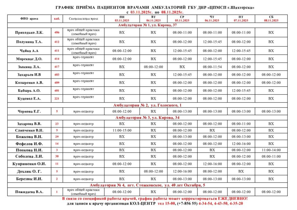 ВниманиеИнформация о графике приемов врачами и врачами-педиатрами