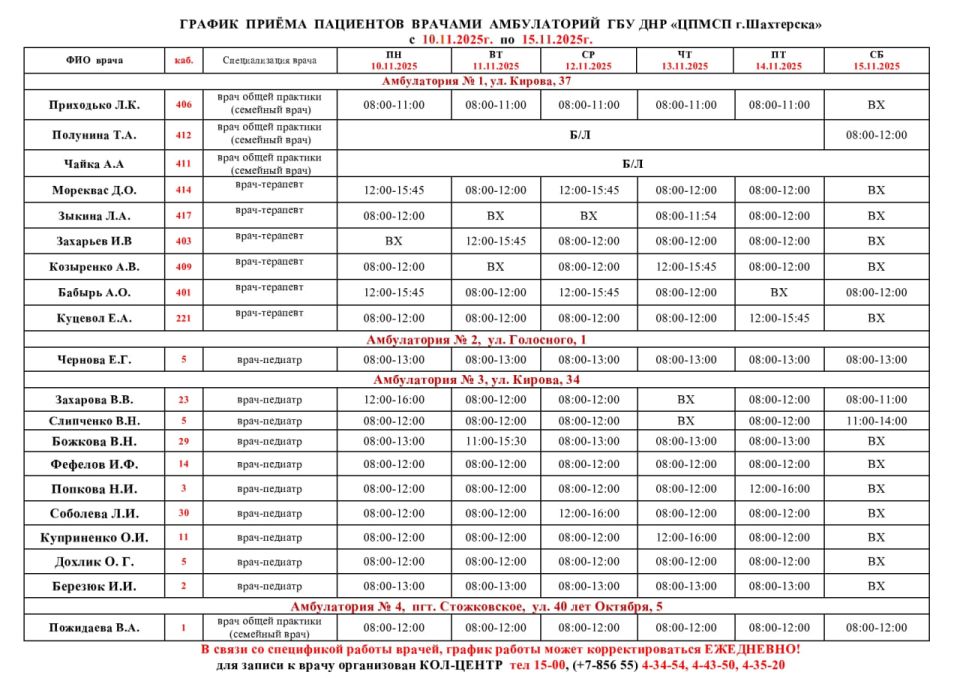 ВниманиеИнформация о графике приемов врачами и врачами-педиатрами