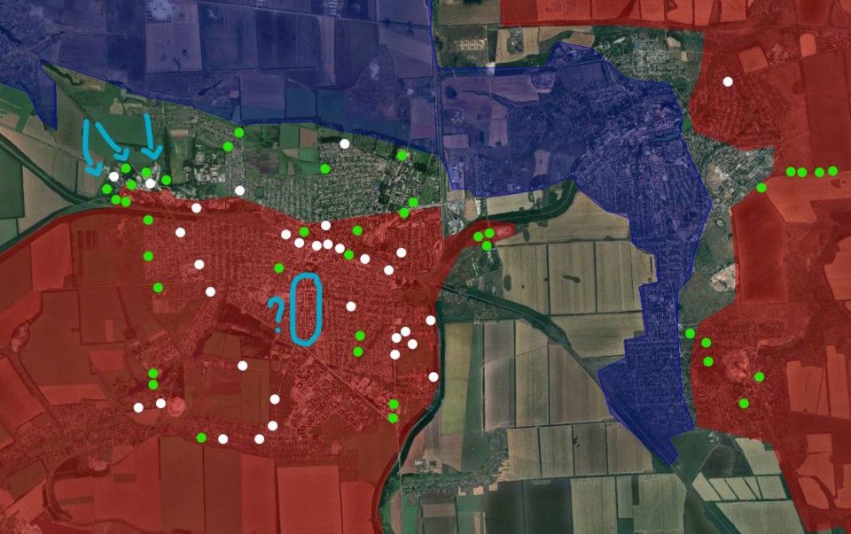 Ниже представлена карта всех видеороликов российских солдат в Покровске с 15 октября (обозначена белым цветом), а видеоролики с 1 ноября — зеленым цветом