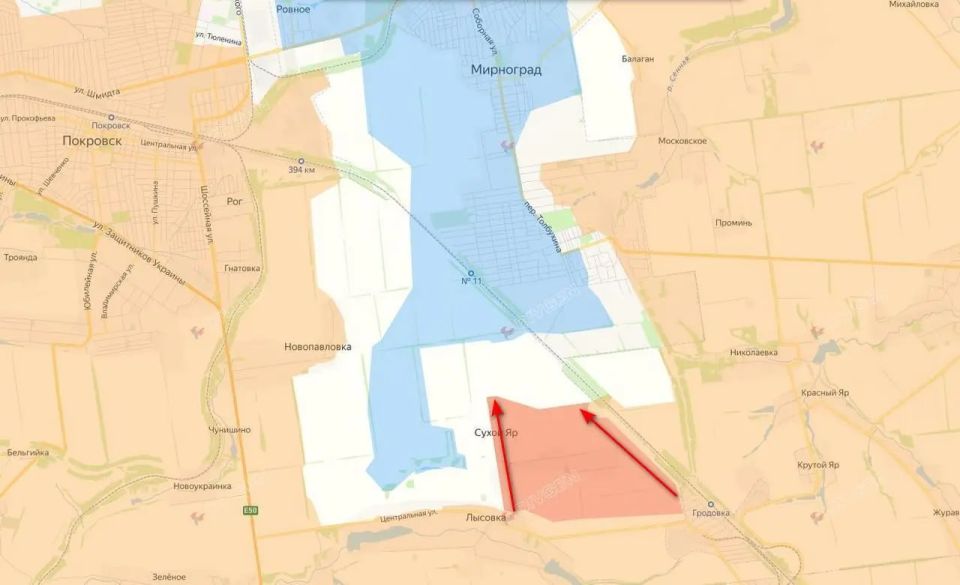 Российские войска продвинулись с южной стороны Мирнограда, установив полный контроль над н.п. Сухой Яр