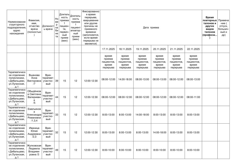 Внимание. График приёма врачами
