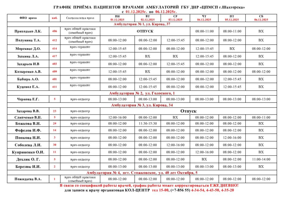 ВниманиеИнформация о графике приемов врачами и врачами-педиатрами