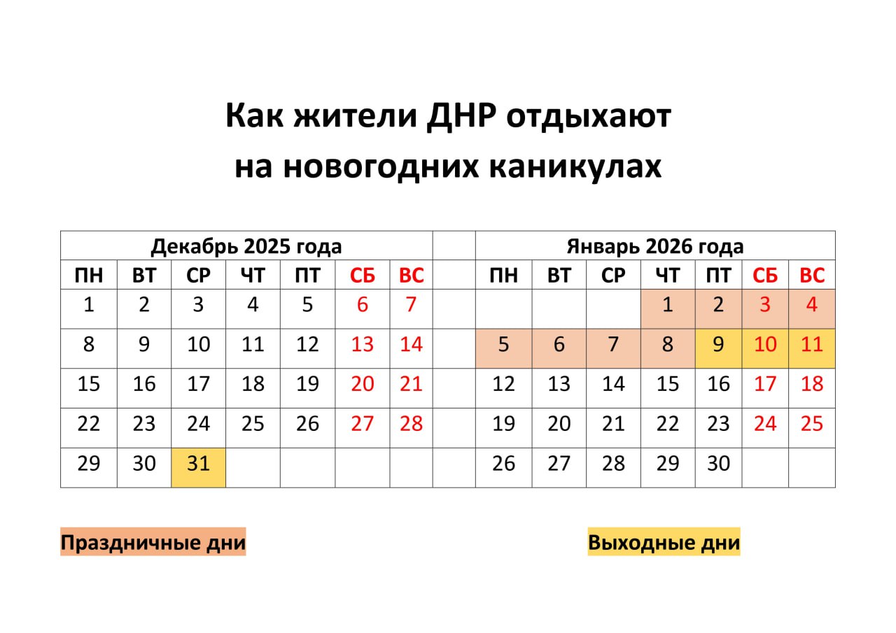 Жителям ДНР напомнили, как они будут отдыхать на новогодних праздниках