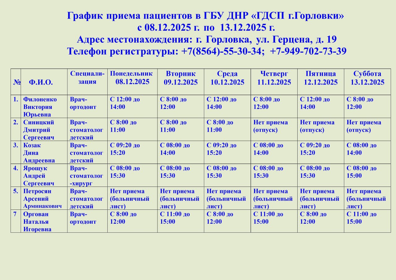 Иван Приходько: График работы специалистов ГБУ ДНР «ГДСП г.Горловки», ГБУ ДНР «Городской наркологический диспансер г. Горловки», ГБУ ДНР «ГПБ г. Горловки», ГБУ ДНР «ГПТД г.Горловки», ГБУ ДНР «ГДВД г.Горловки», ГБУ ДНР «ГСП...