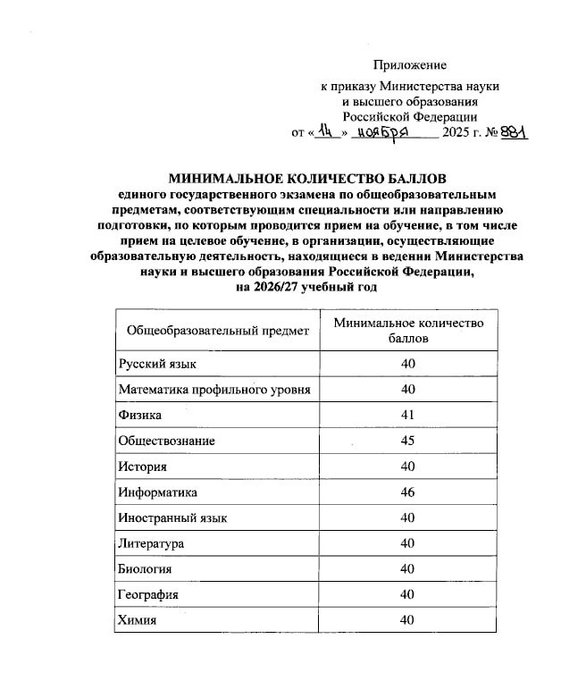 Минобрнауки утвердило минимальные баллы ЕГЭ для поступления в вузы: