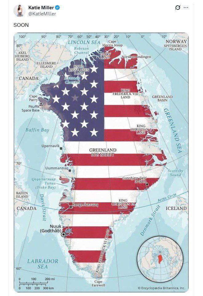 Супруга замглавы администрации Белого дома опубликовала карту Гренландии, окрашенную в цвета флага США