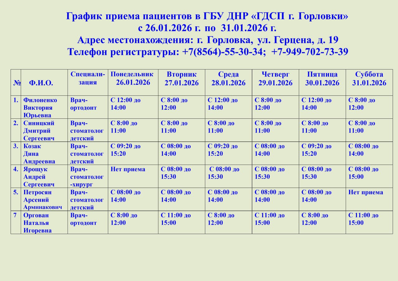 Иван Приходько: График работы специалистов ГБУ ДНР «ГДСП г.Горловки», ГБУ ДНР «Городской наркологический диспансер г. Горловки», ГБУ ДНР «ГПБ г. Горловки», ГБУ ДНР «ГПТД г.Горловки», ГБУ ДНР «ГДВД г.Горловки», ГБУ ДНР «ГСП...