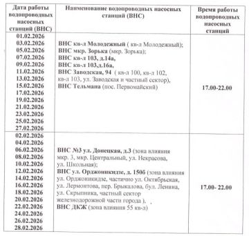 Александр Пеняев: График подачи воды на город Ясиноватая в период с 01.02.2026 по 28.02.2026