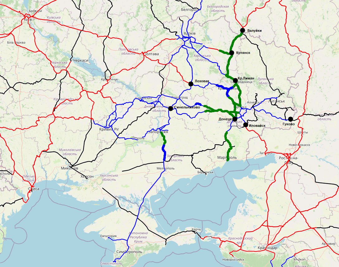 На этой схеме очень хорошо просматривается потенциальный магистральный и короткий ход на Донбасс и Крым, который гипотетически может быть введен в строй в случае окончания войны по нынешней ЛБС, но частично скорректированной...