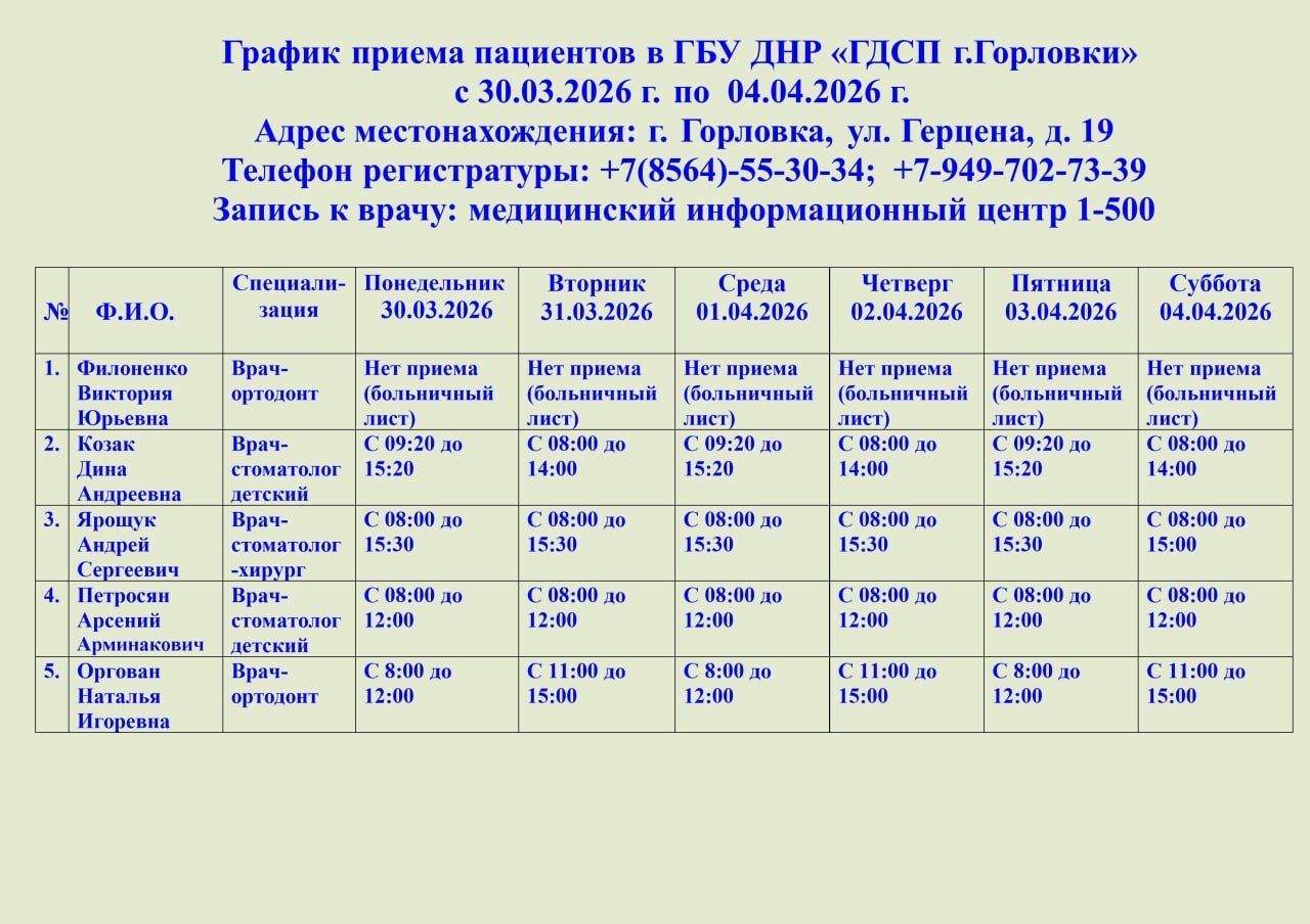Иван Приходько: График работы специалистов ГБУ ДНР «ГДСП г.Горловки», ГБУ ДНР «Городской наркологический диспансер г. Горловки», ГБУ ДНР «ГПБ г. Горловки», ГБУ ДНР «ГПТД г.Горловки», ГБУ ДНР «ГДВД г.Горловки», ГБУ ДНР «ГСП...