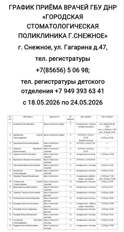 График работы врачей ГБУ ДНР «Городская стоматологическая поликлиника г. Снежное» с 18.05.2026 по 24.05.2026