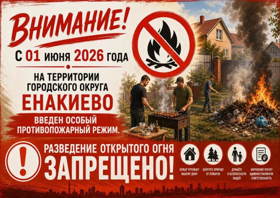 Уважаемые жители городского округа Енакиево Постановлением администрации городского округа Енакиево Донецкой Народной Республики от 20.05.2026 г. №858 «Об установлении особого противопожарного режима на территории...
