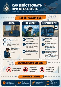 Увидели БПЛА?. Сохраните памятку от ГУ МЧС России по ДНР — вся информация в одной картинке: алгоритм действий, контакты экстренных служб, правила и запреты