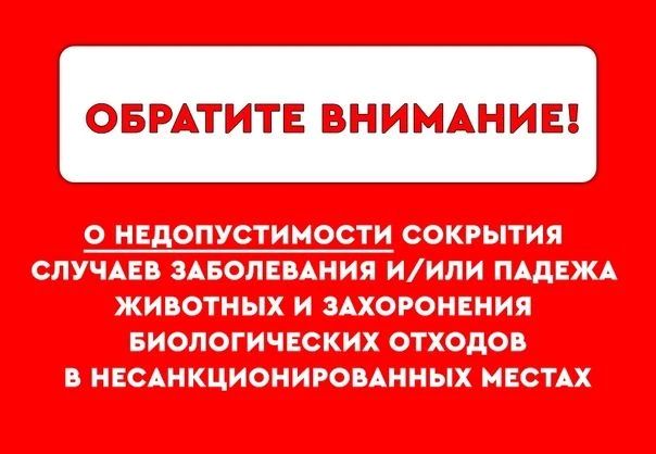 Информация о недопустимости сокрытия случаев заболевания и/или падежа животных и захоронения биологических отходов в несанкционированных местах