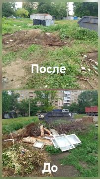 Елена Рязанцева: 13.06.2026 ГУП ДНР "ДОНСНАБКОМПЛЕКТ" произведен вывоз перенакоплений мусора объемом - 377 м3 по следующим адресам: