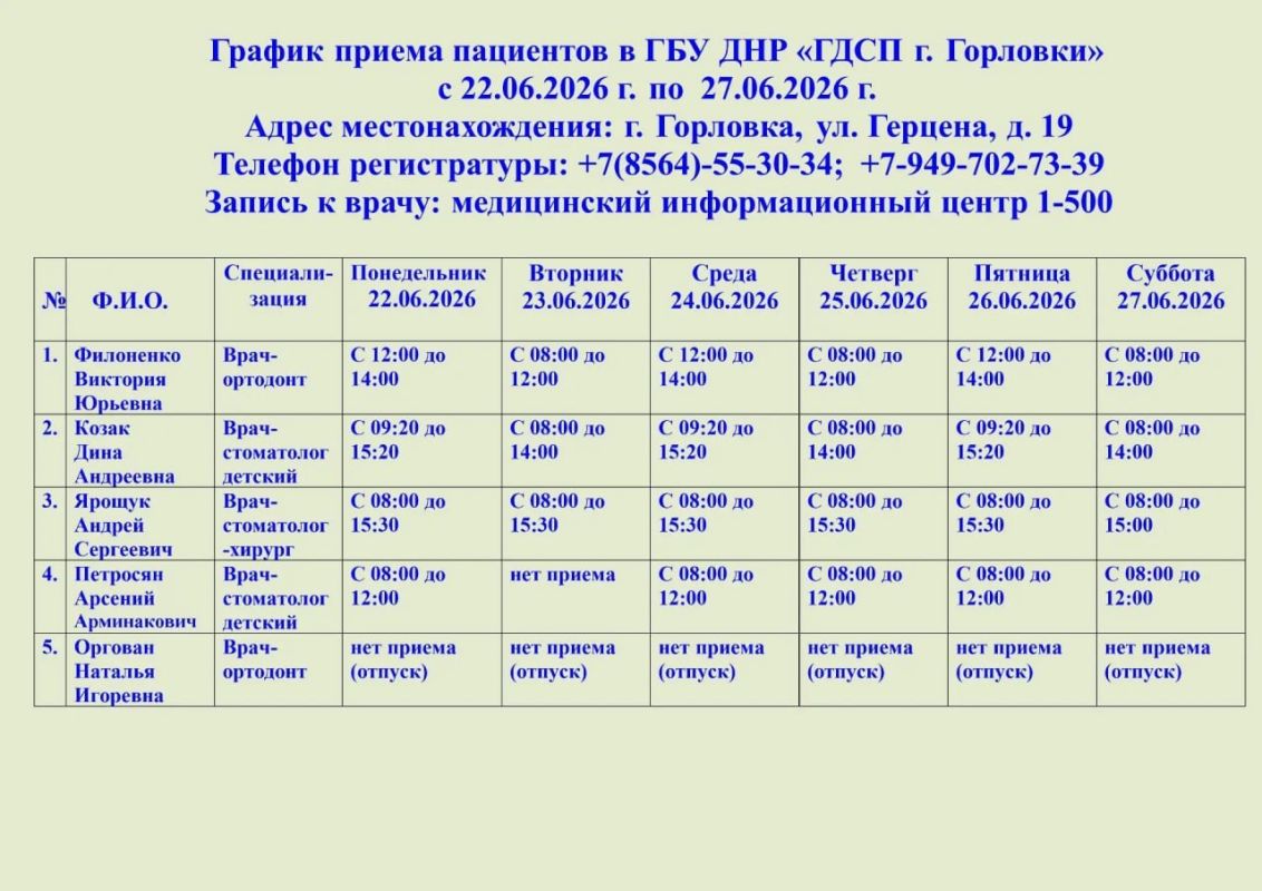 Иван Приходько: График работы специалистов ГБУ ДНР «ГДСП г.Горловки», ГБУ ДНР «Городской наркологический диспансер г. Горловки», ГБУ ДНР «ГПБ г. Горловки», ГБУ ДНР «ГПТД г.Горловки», ГБУ ДНР «ГДВД г.Горловки», ГБУ ДНР «ГСП...