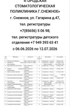 График работы врачей ГБУ ДНР «Городская стоматологическая поликлиника г. Снежное» с 06.07.2026 по 12.07.2026