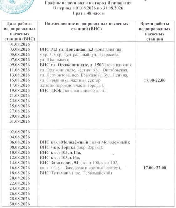 Николай Руппель: График подачи воды на город Ясиноватая с 01.08.2026 по 30.08.2026
