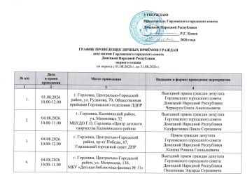 Роман Конев: График проведения приемов депутатами Горловского городского совета Донецкой Народной Республики первого созыва на период с 01.08.2026 г. по 31.08.2026 г. (часть 1)