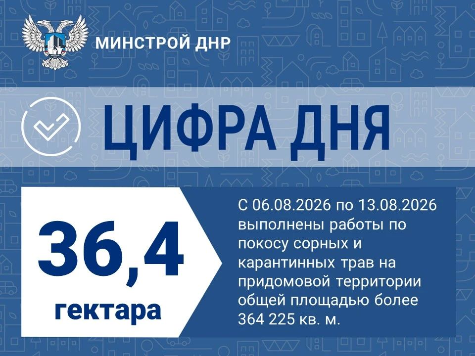 С 6 по 13 августа сотрудниками Единого регионального фонда по управлению МКД на территории ДНР были выполнены следующие работы по покосу сорных трав на территории более 364 тыс