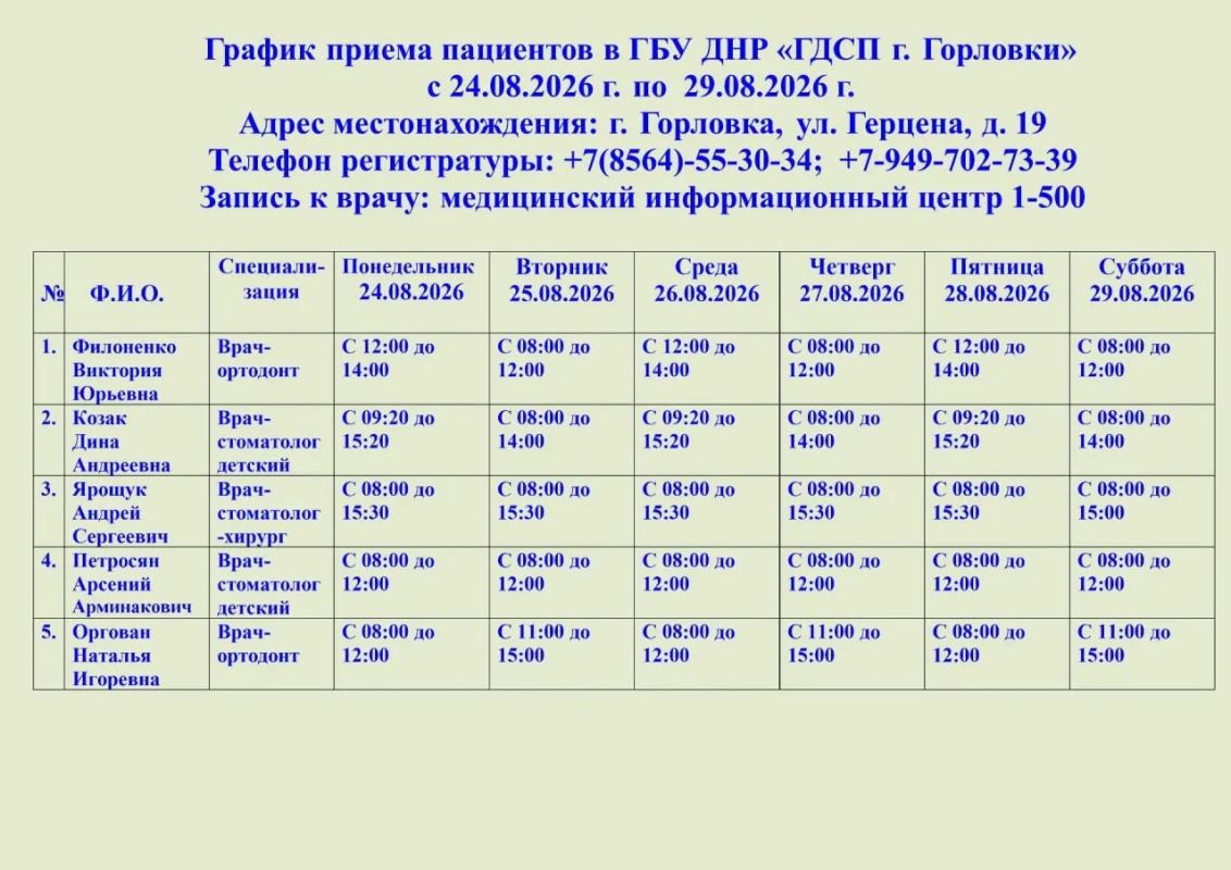 Иван Приходько: График работы специалистов ГБУ ДНР «ГДСП г.Горловки», ГБУ ДНР «Городской наркологический диспансер г. Горловки», ГБУ ДНР «ГПБ г. Горловки», ГБУ ДНР «ГПТД г.Горловки», ГБУ ДНР «ГДВД г.Горловки», ГБУ ДНР «ГСП...
