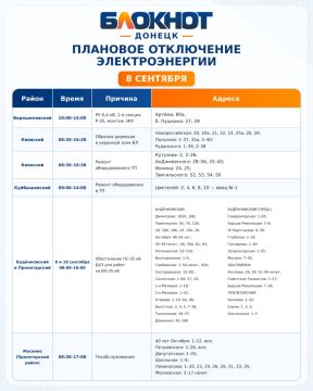 График отключении электроэнергии в Донецке сегодня, 8 сентября