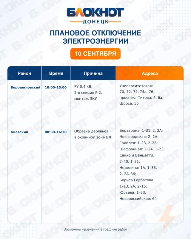 График плановых отключений электроэнергии в Донецке сегодня, 10 сентября