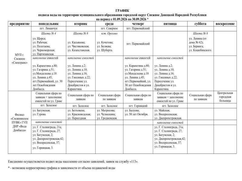 Напоминаем график подвоза воды на территории муниципального образования городской округ Снежное на период с 01.09.2026 по 30.09.2026
