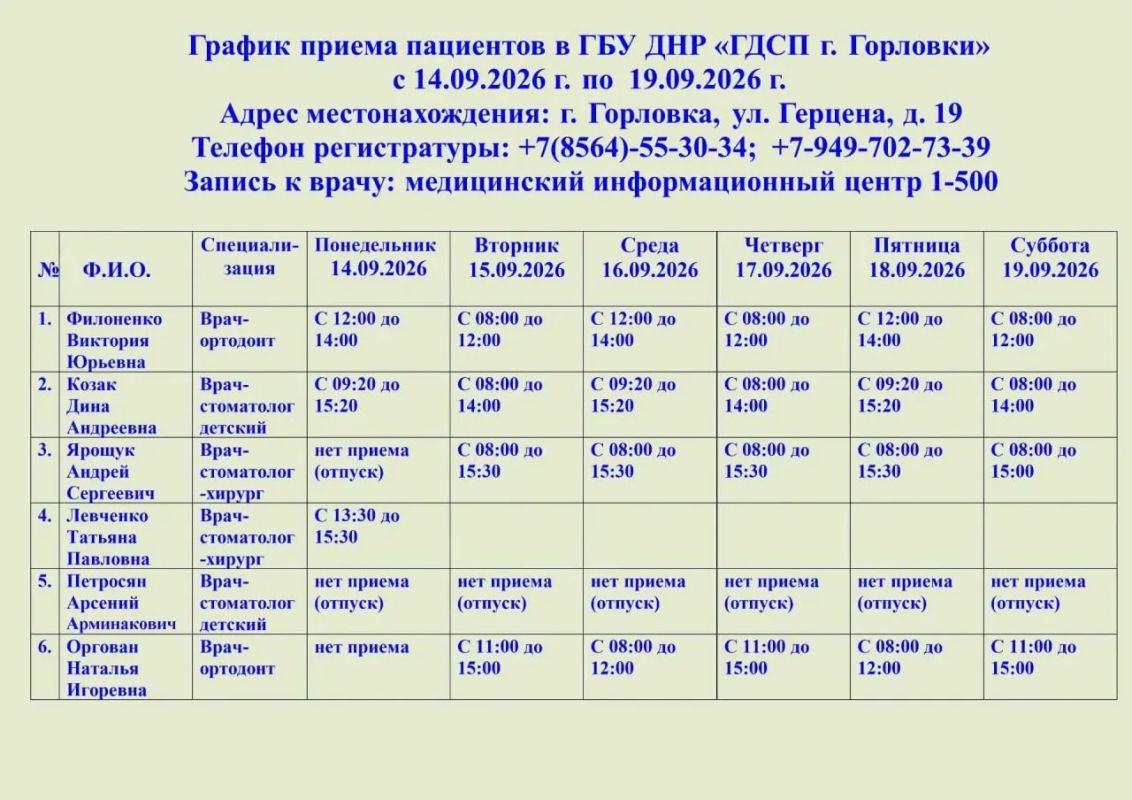 Иван Приходько: График работы специалистов ГБУ ДНР «ГДСП г.Горловки», ГБУ ДНР «Городской наркологический диспансер г. Горловки», ГБУ ДНР «ГПБ г. Горловки», ГБУ ДНР «ГПТД г.Горловки», ГБУ ДНР «ГДВД г.Горловки», ГБУ ДНР «ГСП...